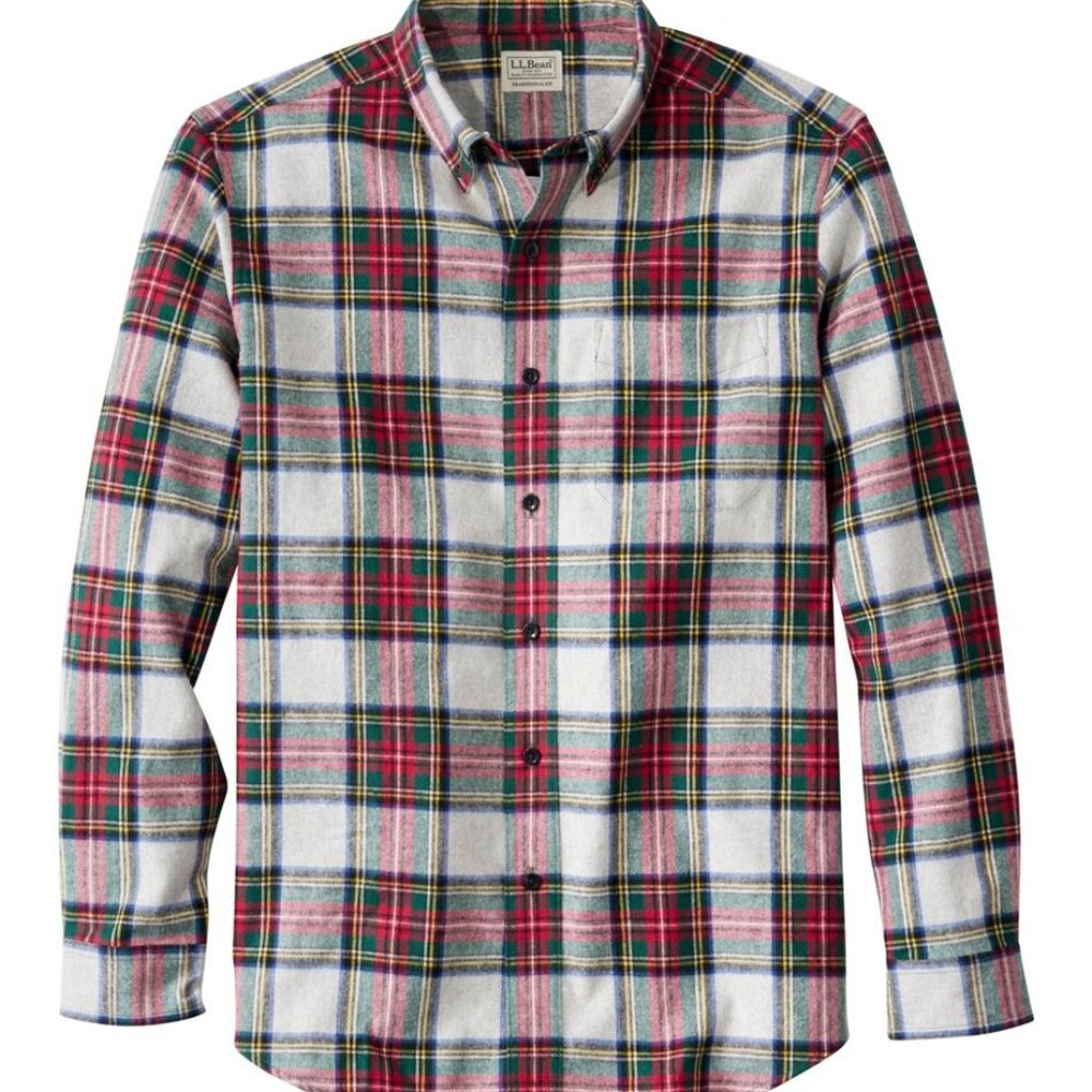 LL Bean Mens Scotch Plaid Flannel Shirt Traditional Fit Large Light Grey Stewart